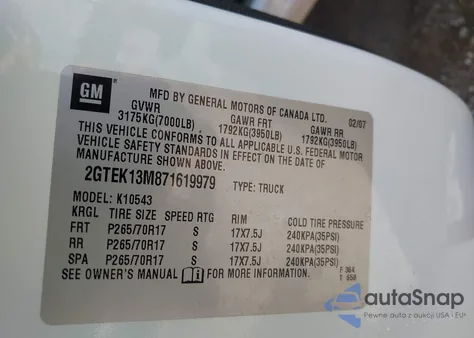 2007 GMC Sierra 1500 Sle1 z USA, uszkodzony, nr VIN 2GTEK13M871619979
